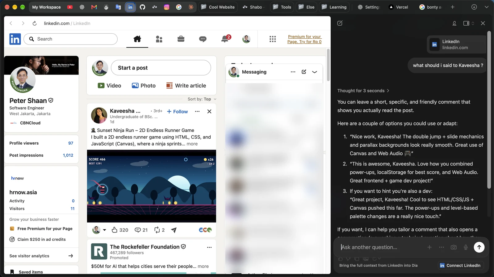 Dia suggesting LinkedIn comments based on the post I'm viewing