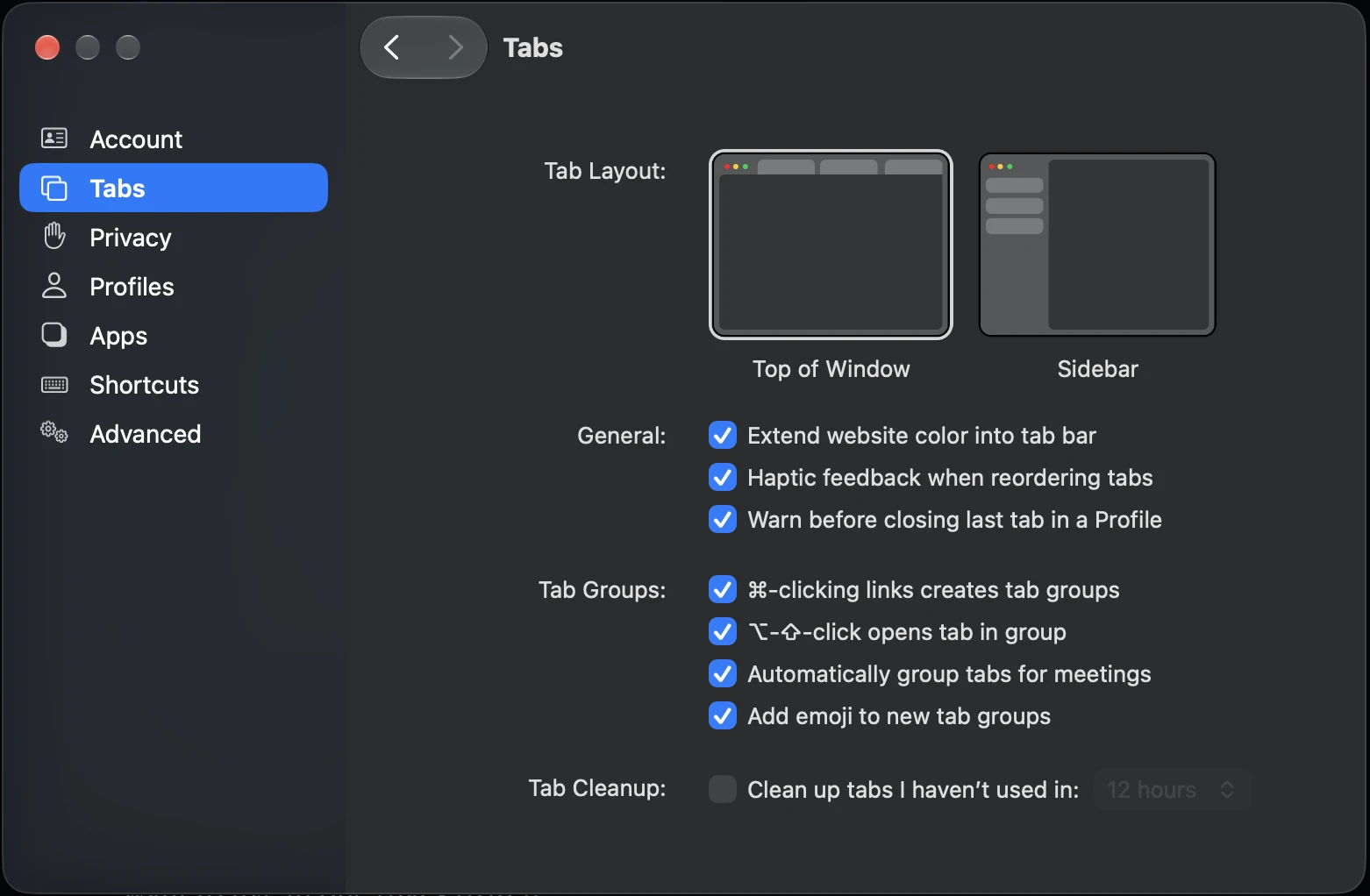 Dia browser tab customization settings